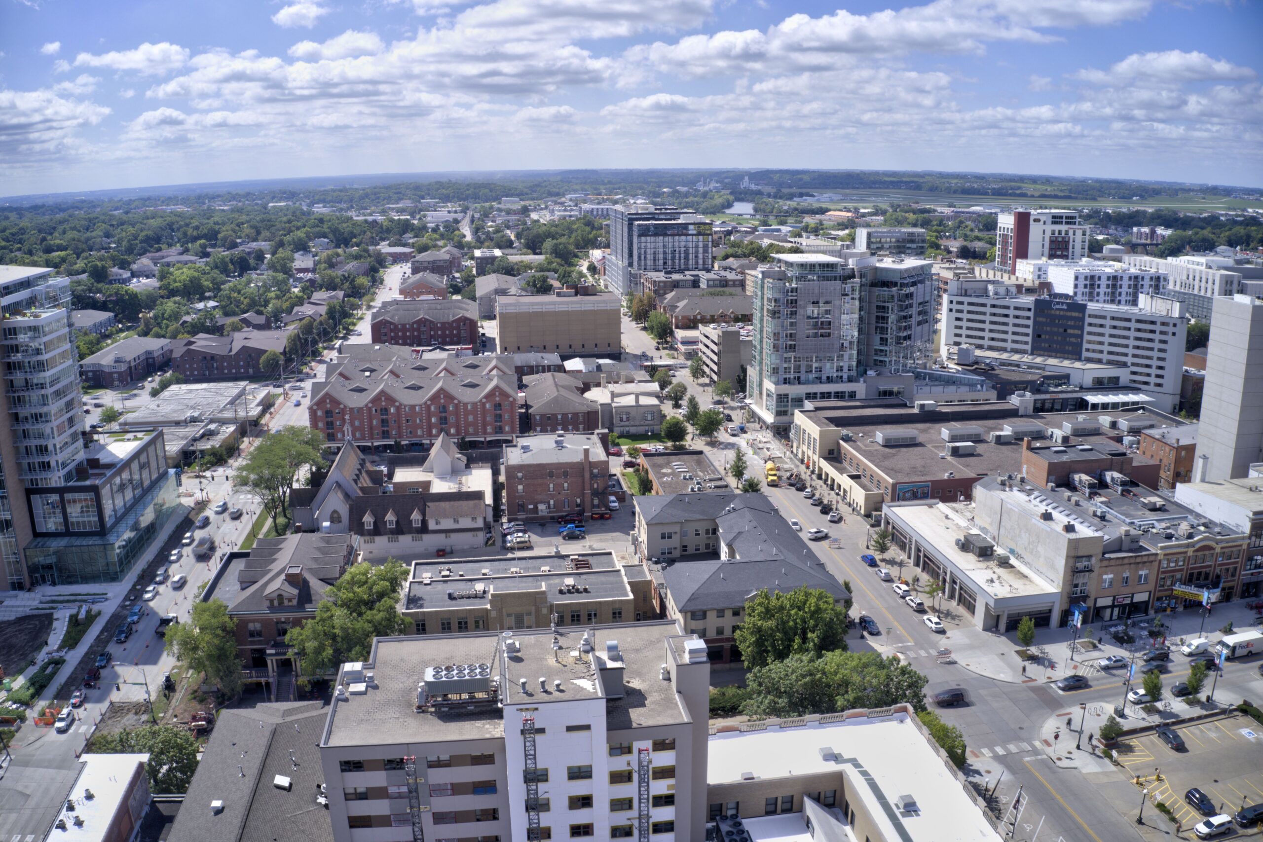 A sprawling photograph of Downtown Iowa City Buildings and businesses.